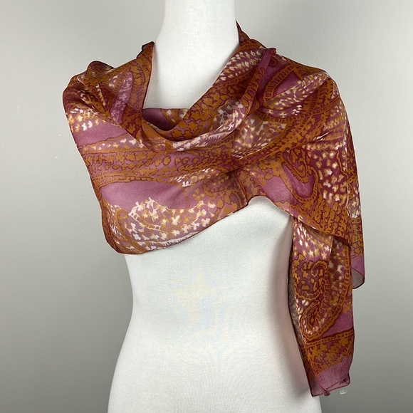 Cejon Paisley Pinks Orange Rectangular Scarf Semi Sheer Poly Chiffon Italy OS - Picture 2 of 12